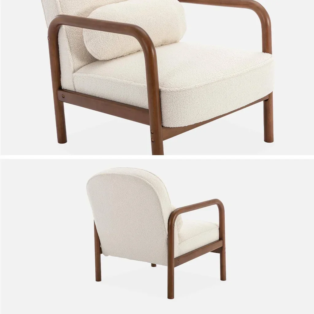 Fauteuil scandinave Amelie hévéa noyer clair tissu bouclette crème