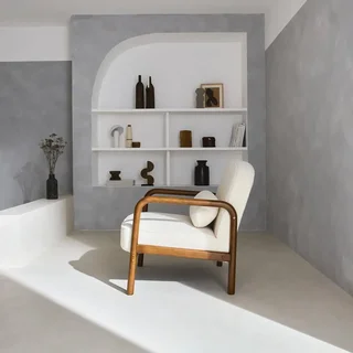 Fauteuil scandinave Amelie hévéa noyer clair tissu bouclette crème