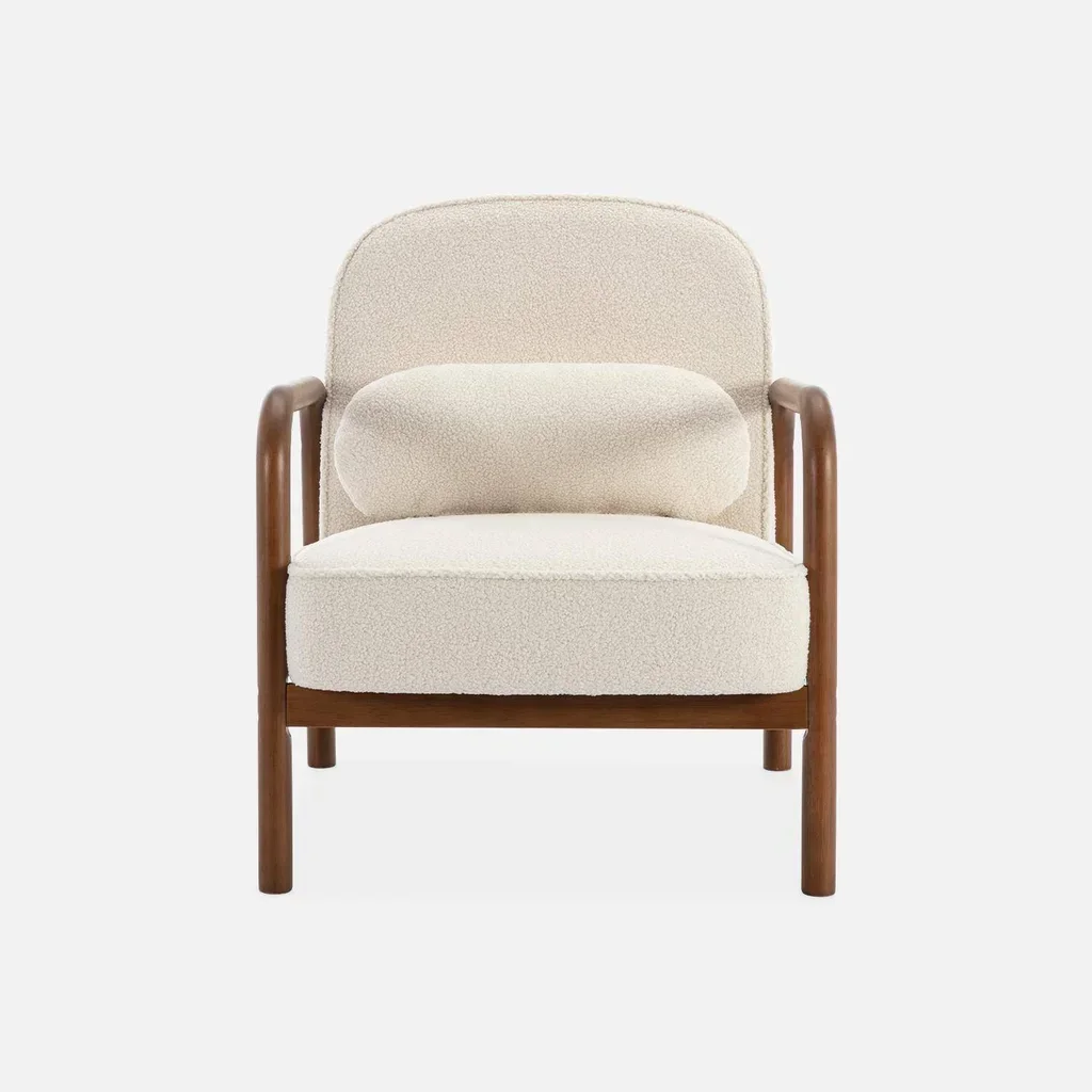 Fauteuil scandinave Amelie hévéa noyer clair tissu bouclette crème