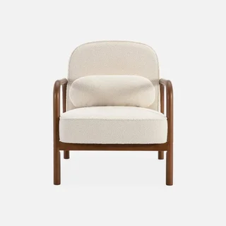 Fauteuil scandinave Amelie hévéa noyer clair tissu bouclette crème