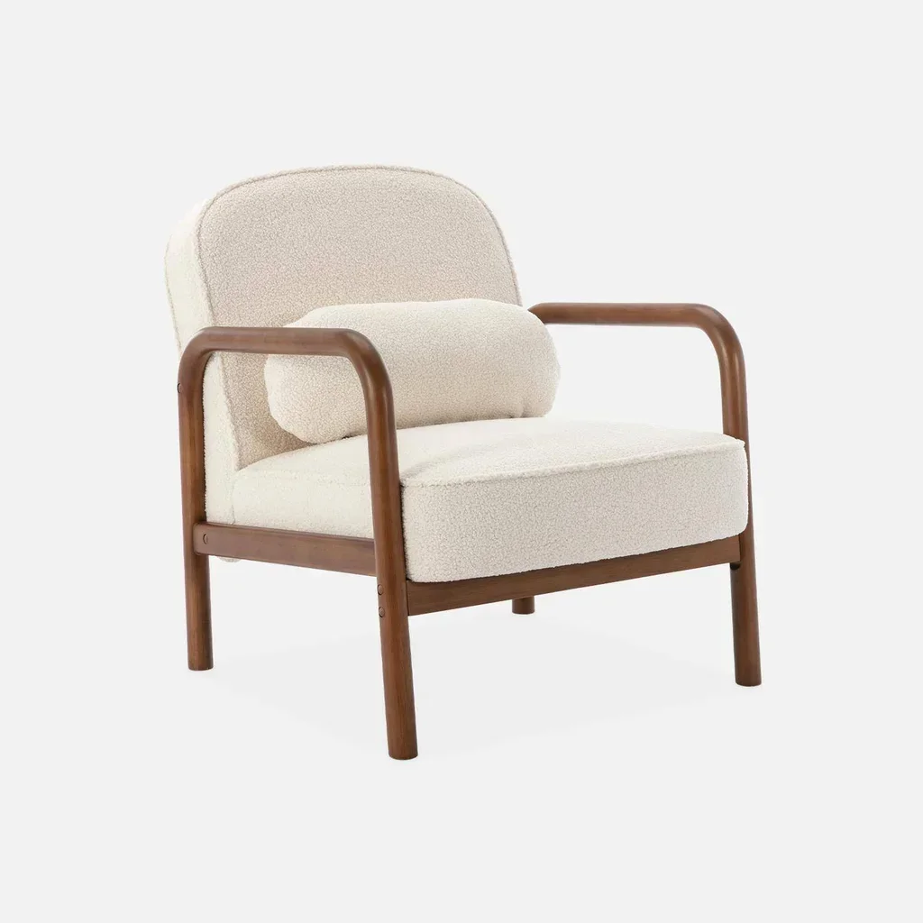 Fauteuil scandinave Amelie hévéa noyer clair tissu bouclette crème