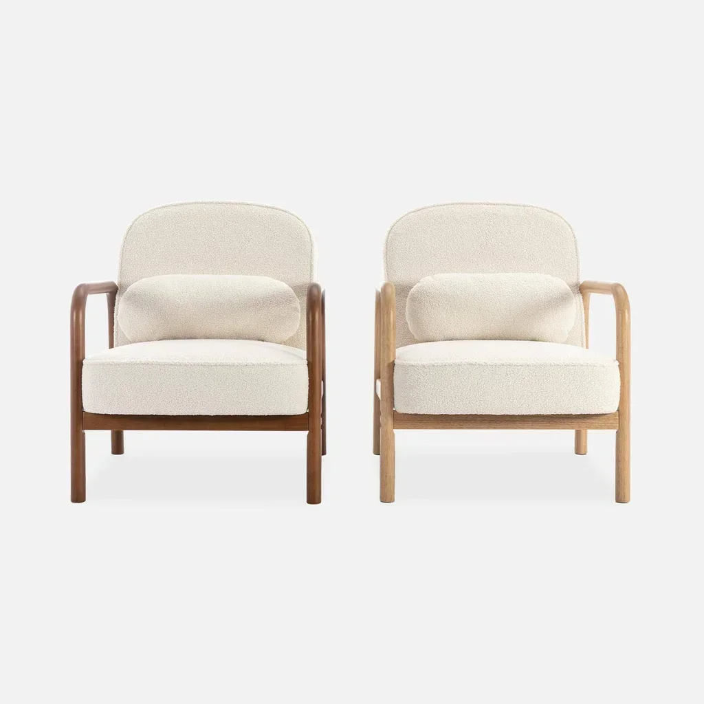 Fauteuil scandinave Amelie hévéa noyer clair tissu bouclette crème
