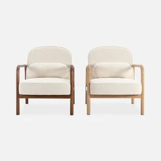 Fauteuil scandinave Amelie hévéa noyer clair tissu bouclette crème