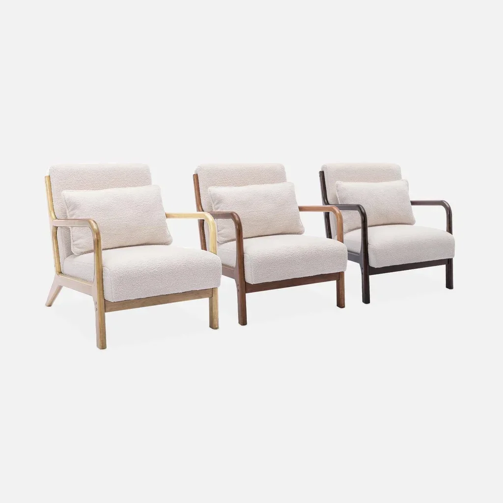 Fauteuil scandinave bouclette hévéa noyer Lorens assise confortable