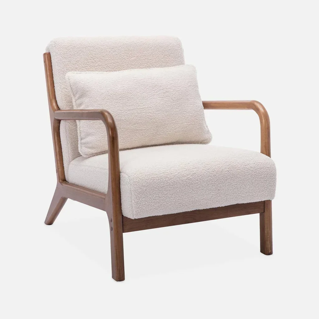 Fauteuil scandinave bouclette hévéa noyer Lorens assise confortable