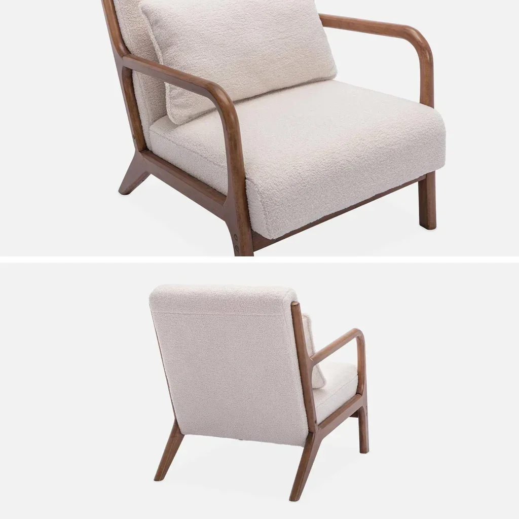 Fauteuil scandinave bouclette hévéa noyer Lorens assise confortable