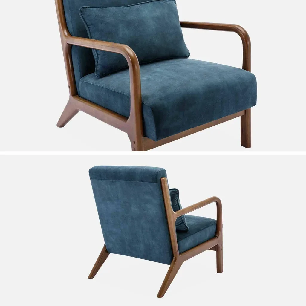 Poltrona scandinava velluto blu anatra legno noce hevea
