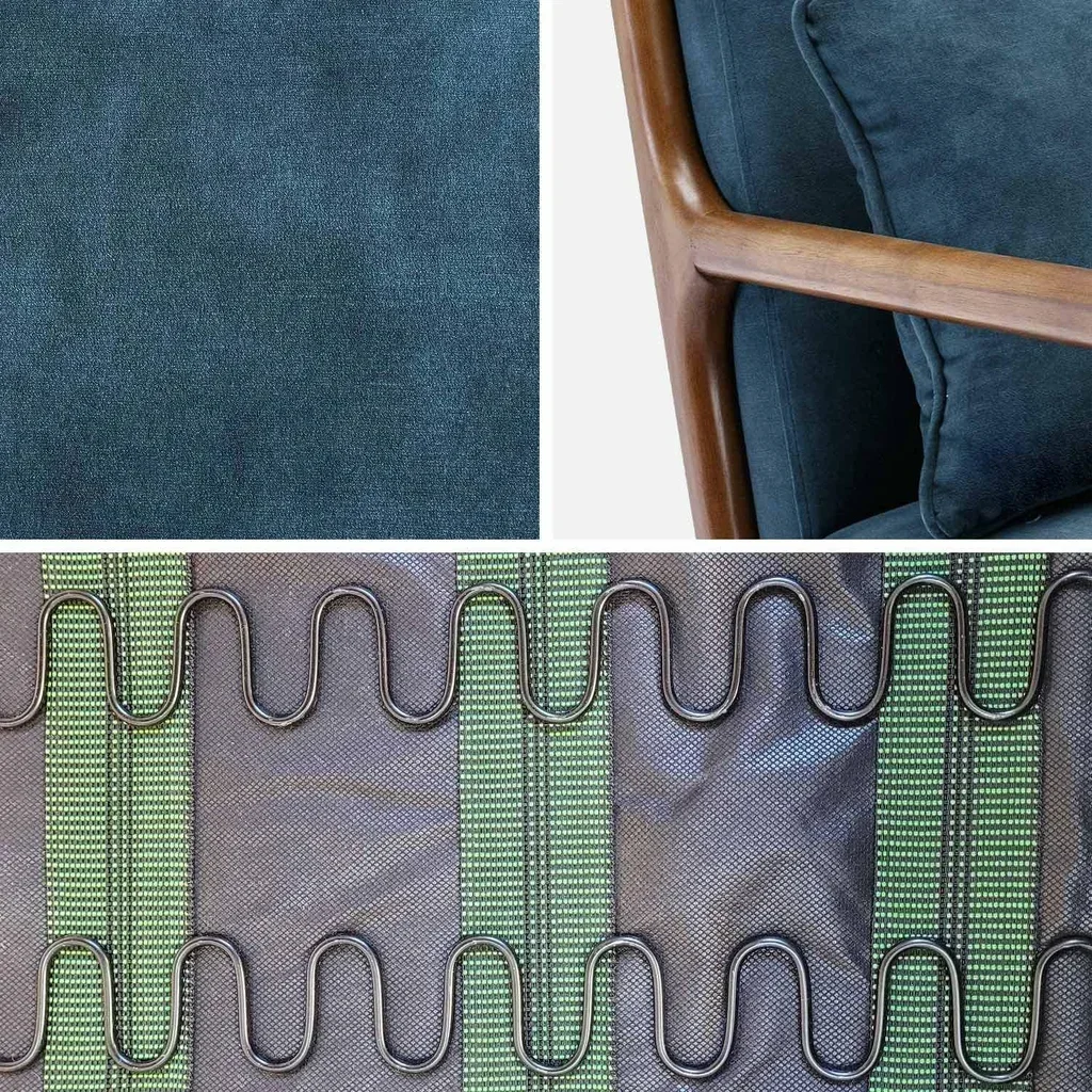 Poltrona scandinava velluto blu anatra legno noce hevea