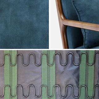 Poltrona scandinava velluto blu anatra legno noce hevea