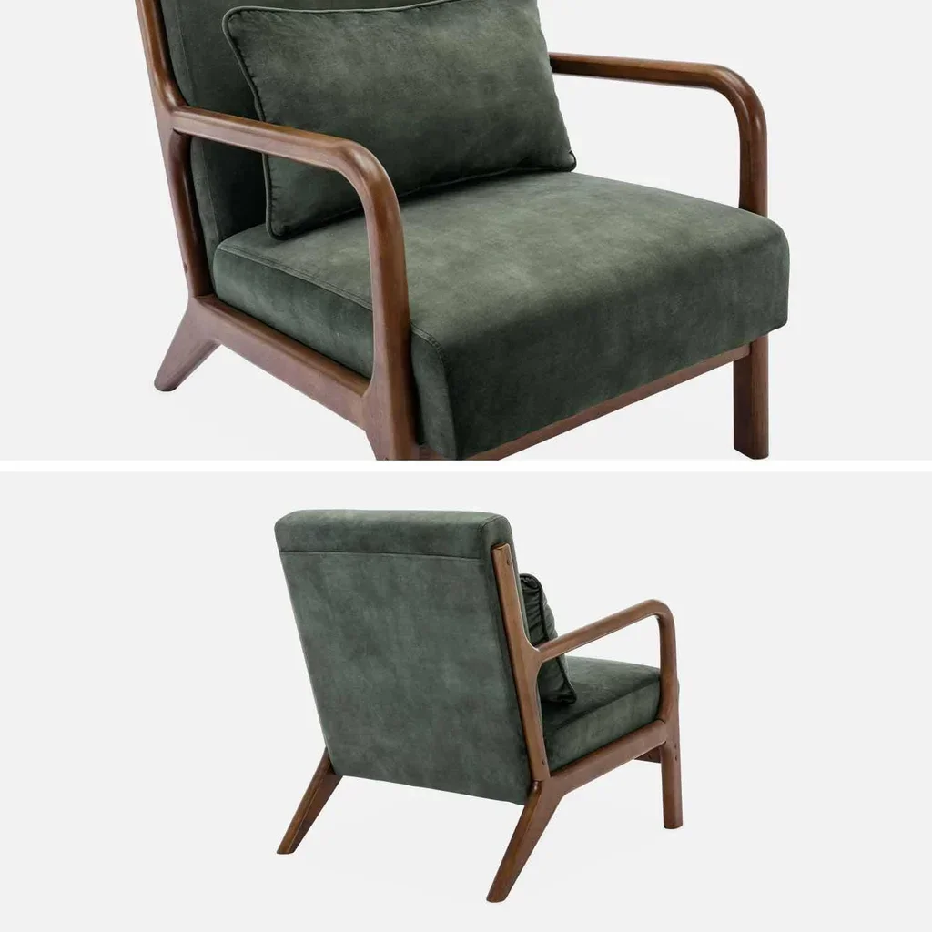 Poltrona Scandinava Velluto Blu Anatra Legno Hevea Noce Chiaro Design