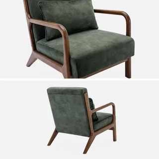 Poltrona Scandinava Velluto Blu Anatra Legno Hevea Noce Chiaro Design