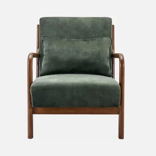 Poltrona Scandinava Velluto Blu Anatra Legno Hevea Noce Chiaro Design