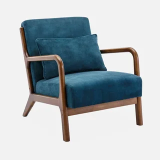 Poltrona scandinava velluto blu anatra legno noce hevea