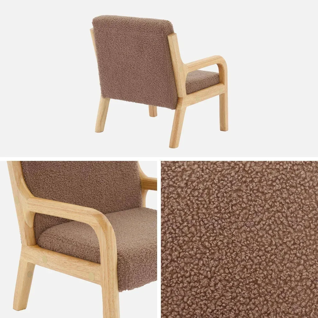Fauteuil enfant scandinave bois hévéa et tissu bouclette beige Lorens Kids
