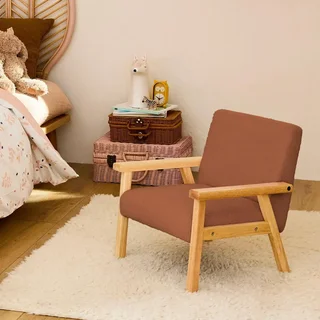 Fauteuil enfant scandinave bouclette blanche et bois hévéa