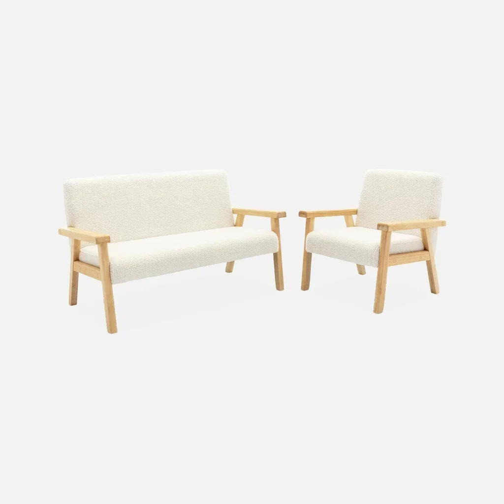 Fauteuil enfant scandinave bouclette blanche pieds hévéa