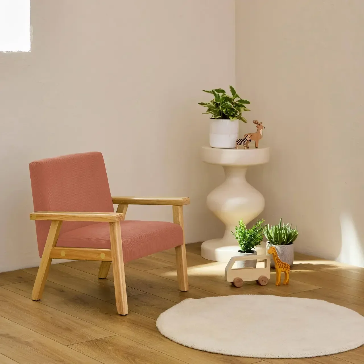 Scandinavian kids armchair khaki corduroy velvet with Hevea wood legs
