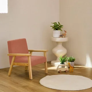 Scandinavian kids armchair khaki corduroy velvet with Hevea wood legs