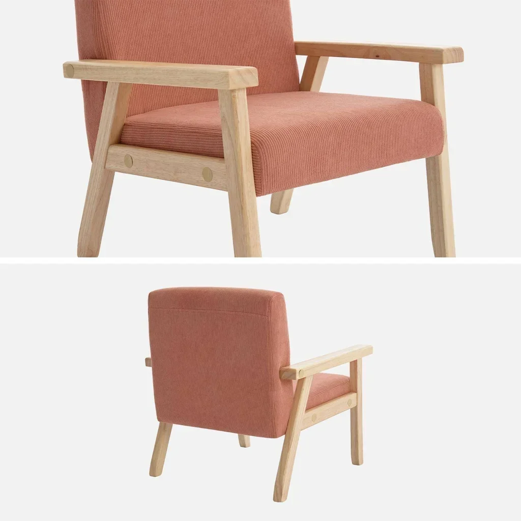 Scandinavian kids armchair khaki corduroy velvet with Hevea wood legs