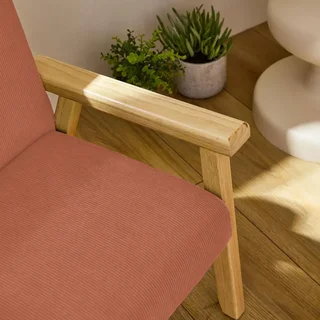 Scandinavian kids armchair khaki corduroy velvet with Hevea wood legs