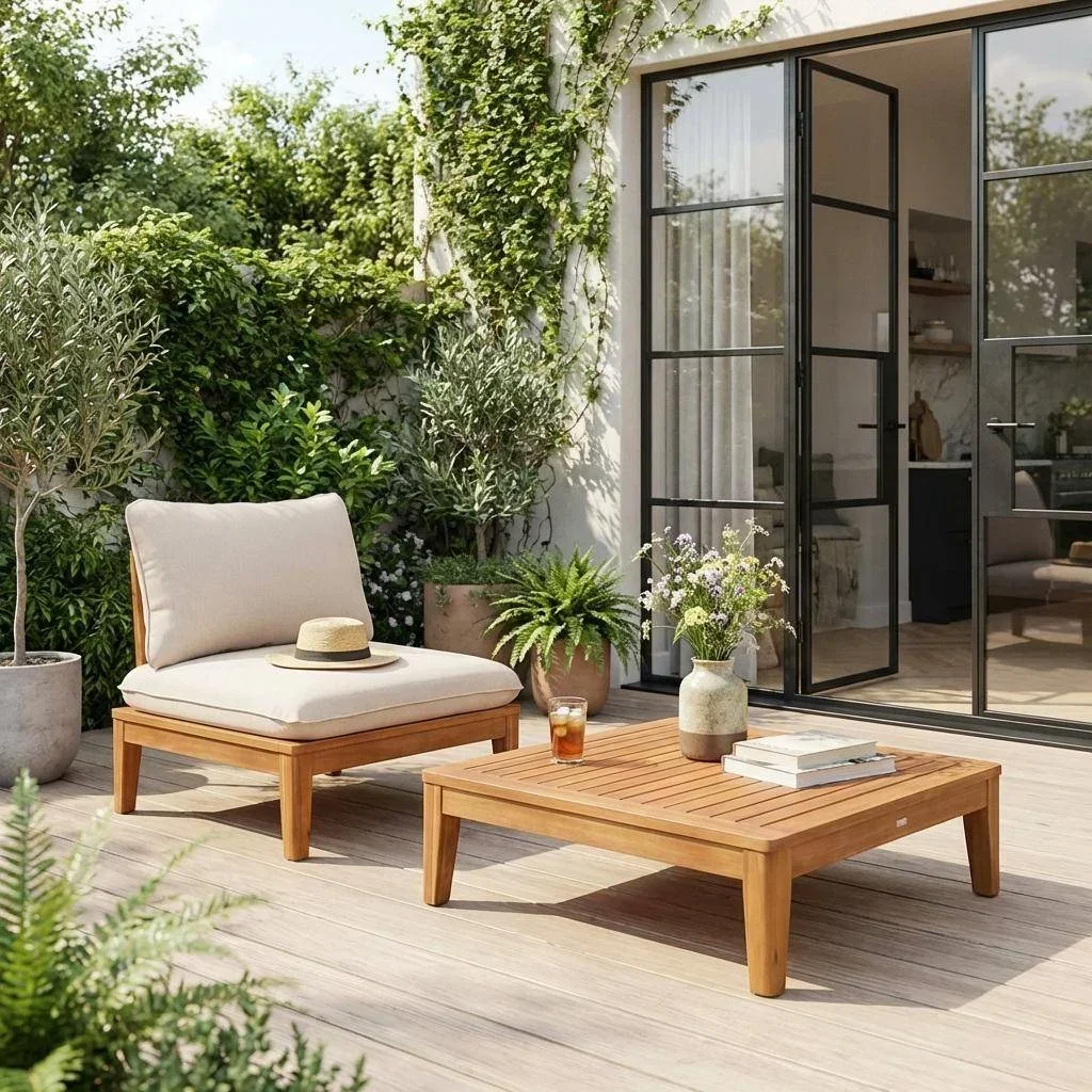 Fauteuil jardin bois acacia avec table basse et coussins confortables Yona