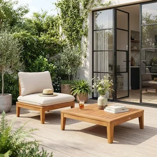 Poltrona giardino legno acacia con tavolino e cuscini comodi Yona