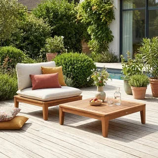 Sillón jardín madera acacia cojín boucle con mesa auxiliar Yona