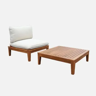 Sillón jardín madera acacia cojín boucle con mesa auxiliar Yona