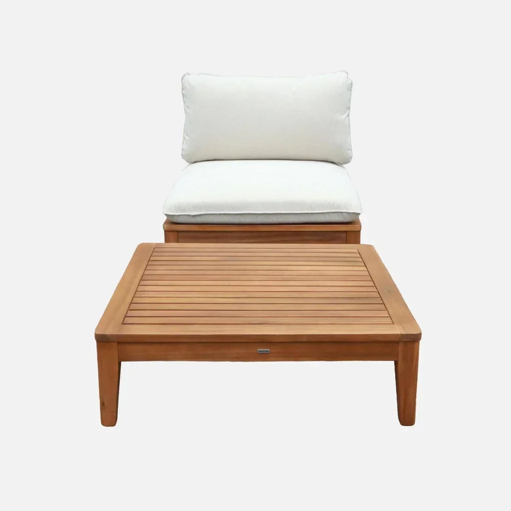 Sillón jardín madera acacia cojín boucle con mesa auxiliar Yona