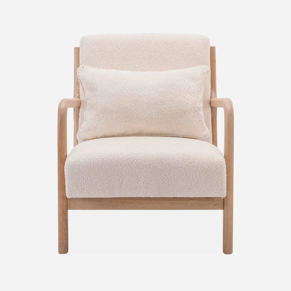Fauteuil scandinave bois hévéa assise bouclette texturée beige confort