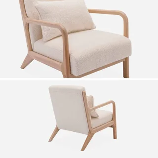 Fauteuil scandinave bois hévéa assise bouclette texturée beige confort