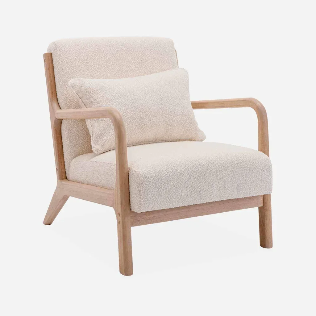 Fauteuil scandinave bois hévéa assise bouclette texturée beige confort