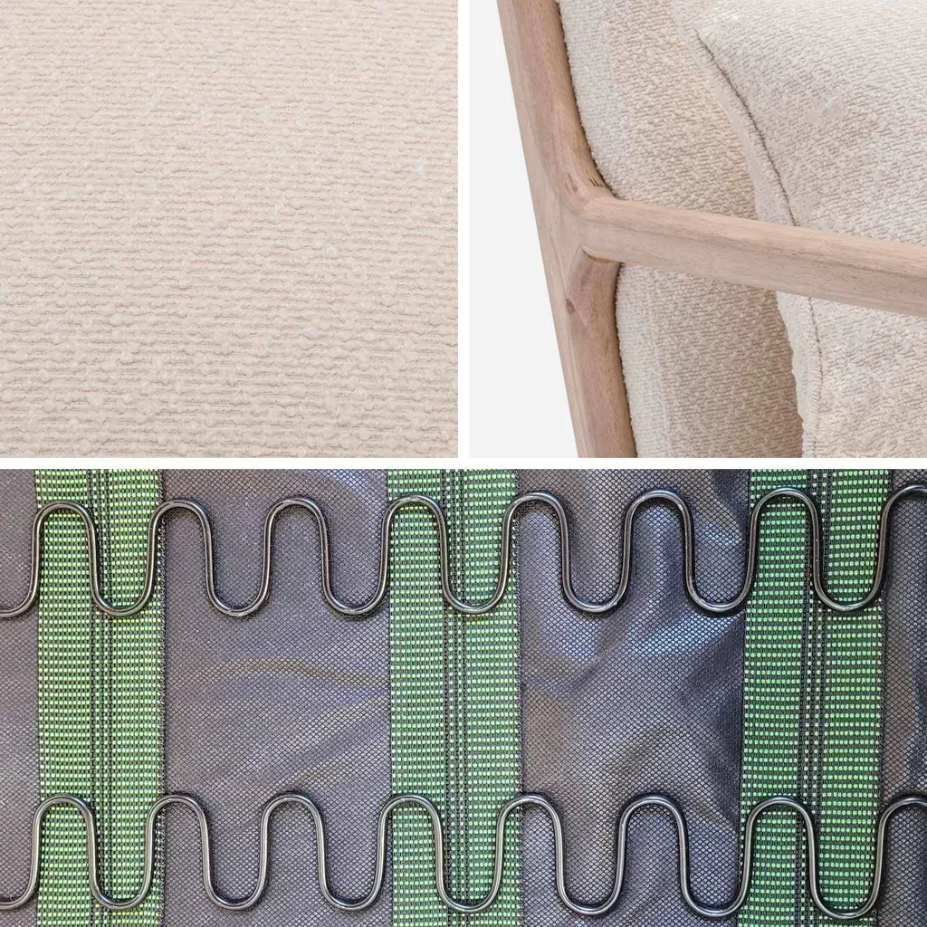 Fauteuil scandinave bois hévéa assise bouclette texturée beige confort