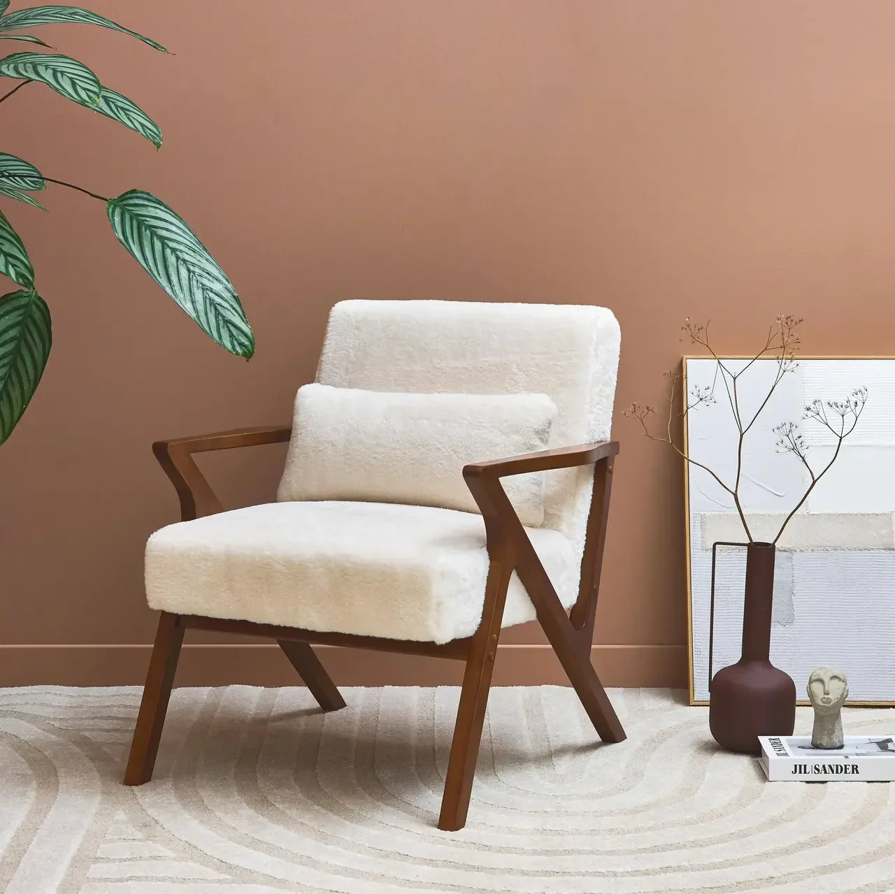 Scandinavian Armchair Solid Walnut Wood Soft Faux Fur Seat Nordic Design