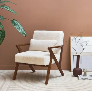 Scandinavian Armchair Solid Walnut Wood Soft Faux Fur Seat Nordic Design