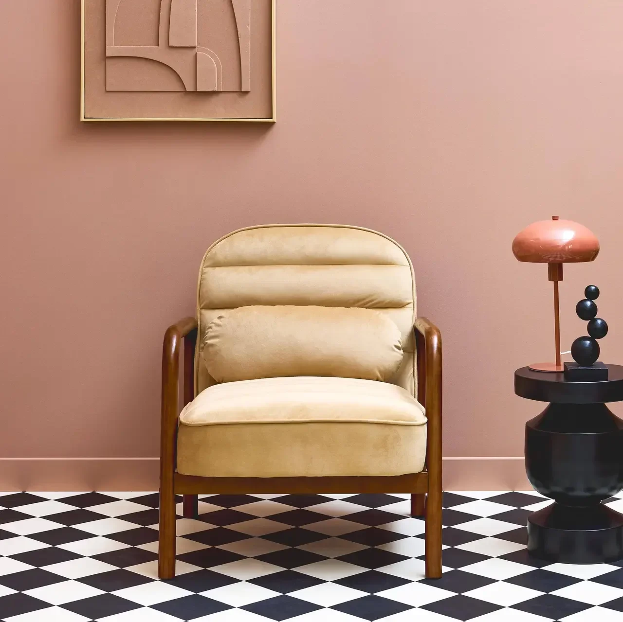 Schwarzer Samt Vintage Sessel Hevea Nussbaumholz Amélie