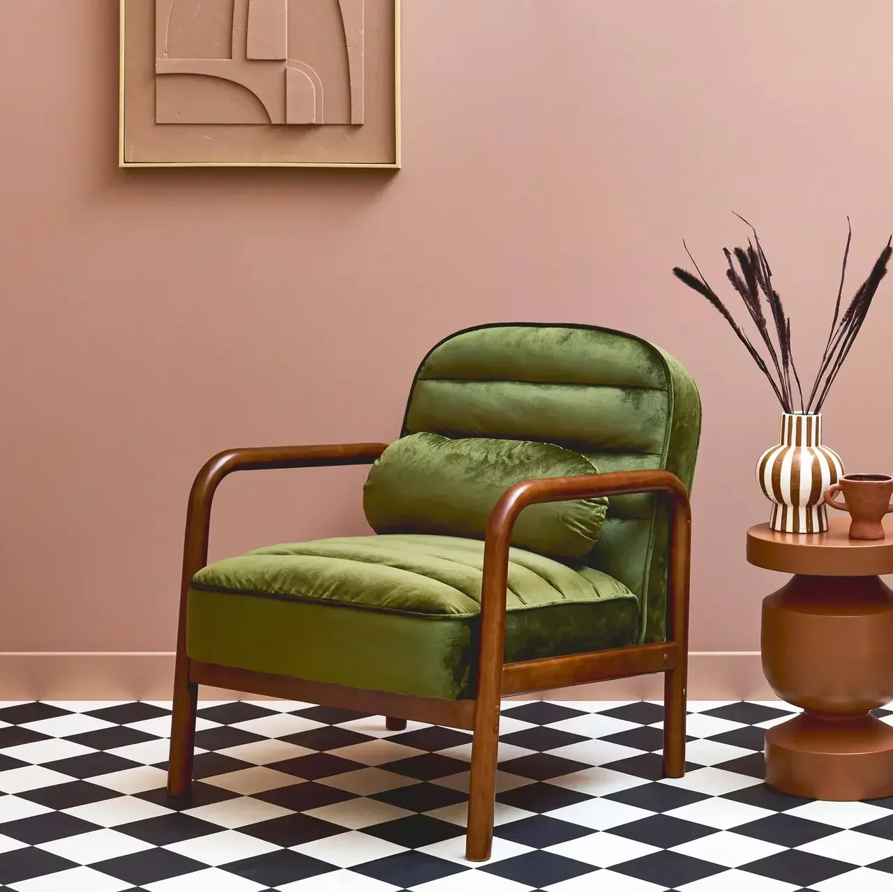 Amélie Vintage Sessel Schwarzer Samt und Nussbaum Hevea Holz