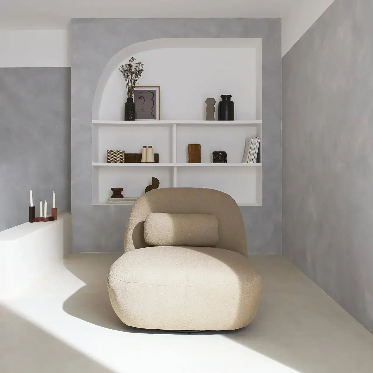 Sillón Giratorio 360° Gris Bouclé Texturizado Diseño Contemporáneo Spino