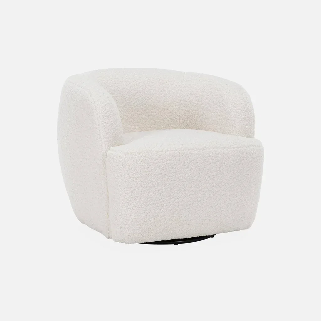 Drehstuhl LAYA aus weichem Bouclé-Stoff und schwarzem Metall