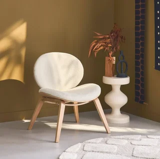 Fauteuil relax bois chêne et tissu bouclette crème confort