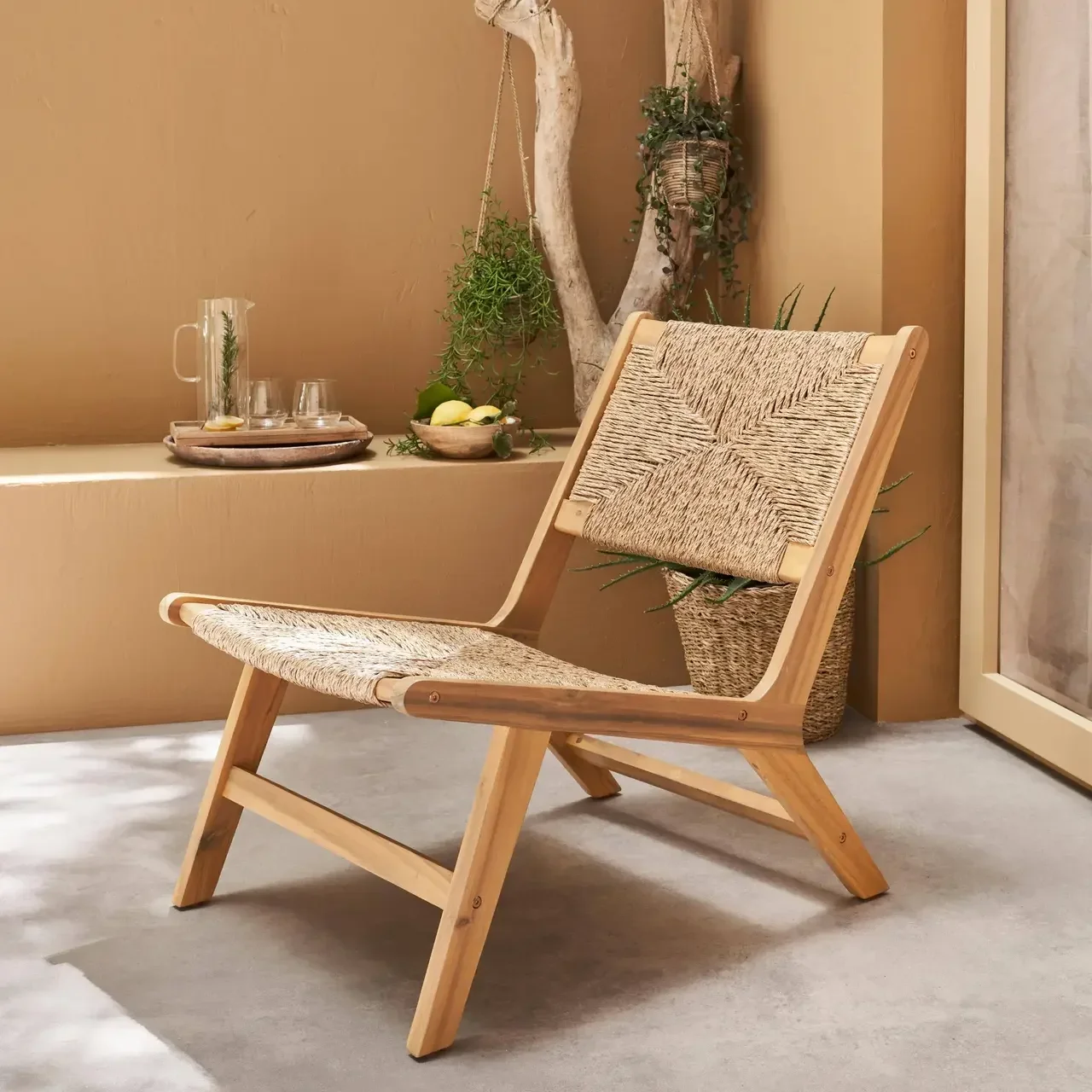 Fauteuil relax jardin bois acacia résine tressée effet paille extérieur