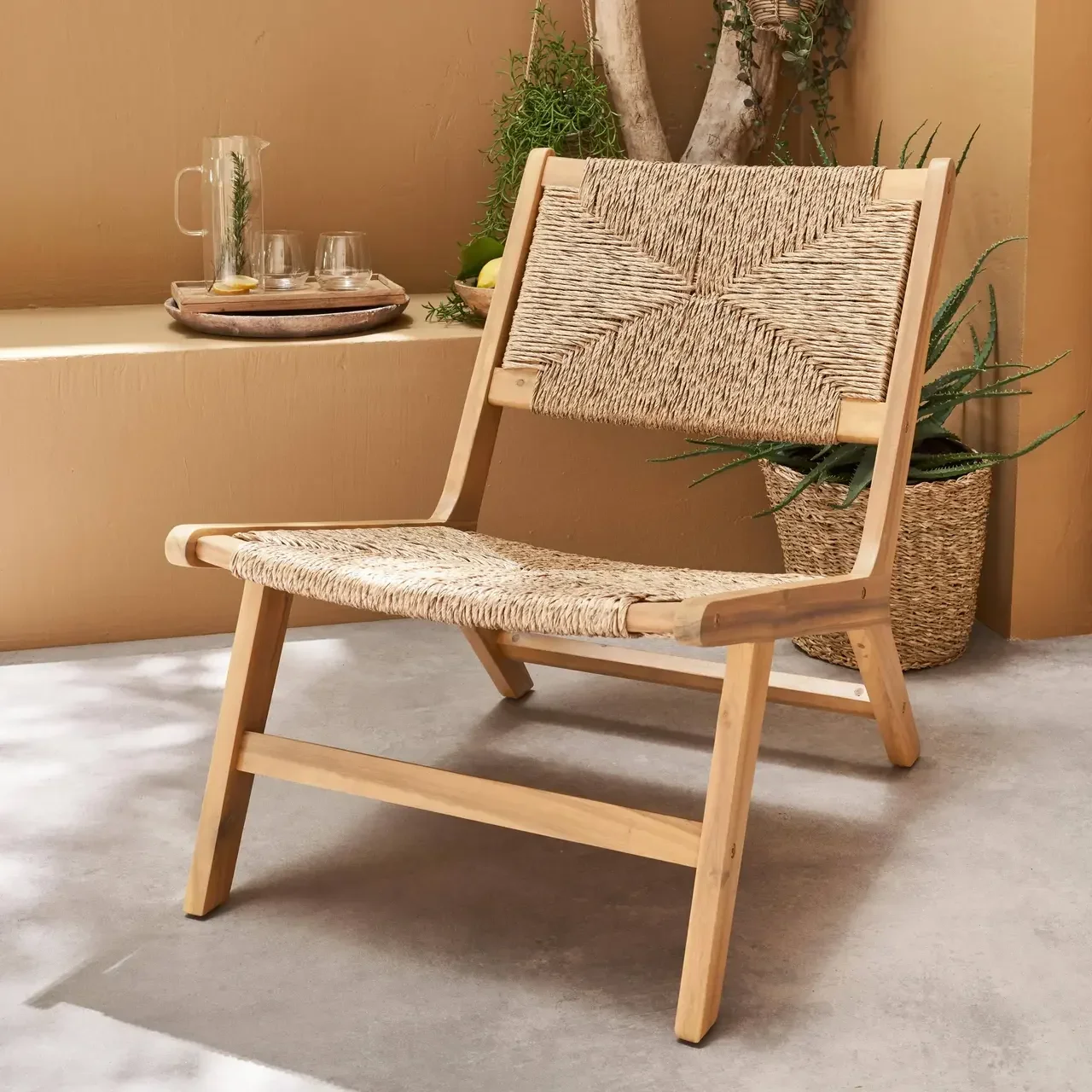 Fauteuil relax jardin bois acacia résine tressée effet paille extérieur