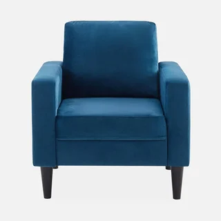 Retro Samt Sessel blau Hevea Holz getuftet elegantes Wohnzimmer