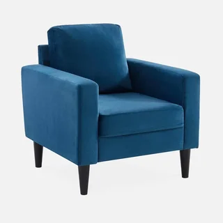 Retro Samt Sessel blau Hevea Holz getuftet elegantes Wohnzimmer