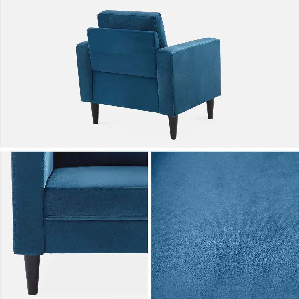 Retro Samt Sessel blau Hevea Holz getuftet elegantes Wohnzimmer