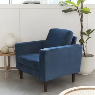Retro Samt Sessel blau Hevea Holz getuftet elegantes Wohnzimmer