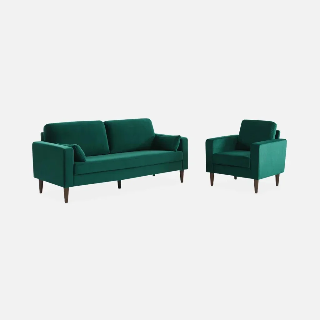 Retro Sessel blau Samt Chesterfield Holz Hevea Bjorn