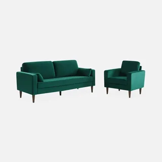 Retro Sessel blau Samt Chesterfield Holz Hevea Bjorn