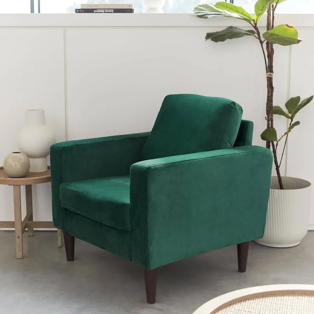 Retro Sessel blau Samt Chesterfield Holz Hevea Bjorn