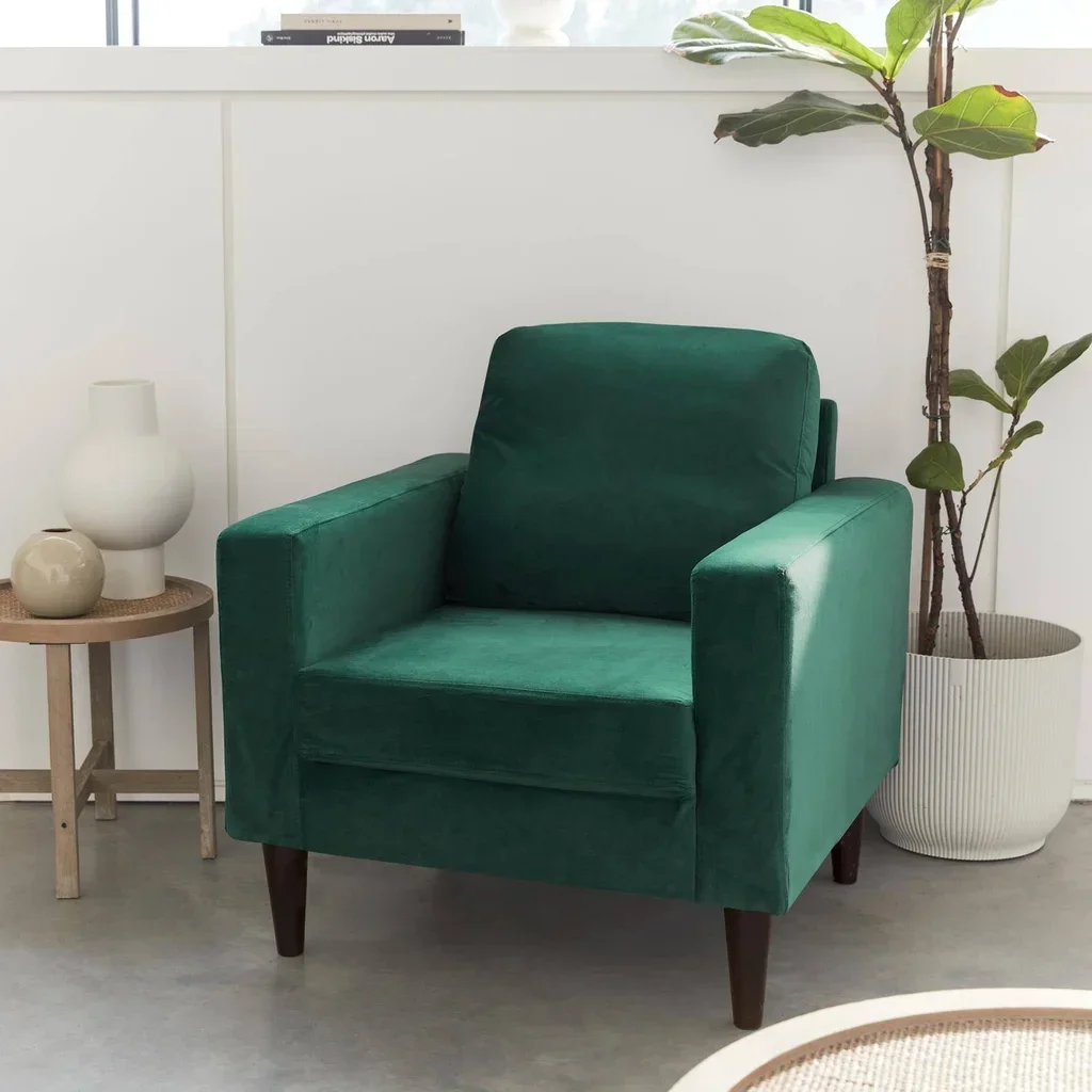 Retro Sessel blau Samt Chesterfield Holz Hevea Bjorn